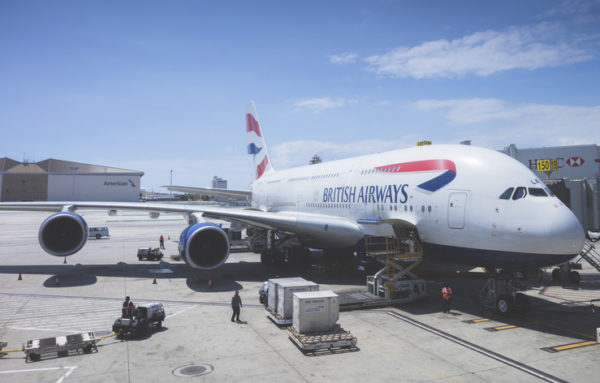Los Angeles, USA - May 7, 2016: An editorial stock photo of a British Airways Airbus A380 passenger plane parked at Los Angeles International Airport (LAX Airport)