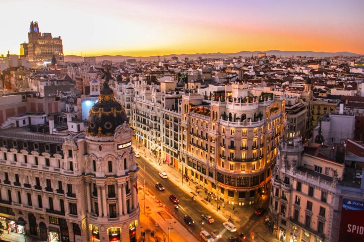 Sunset view of Gran Via in Madrid - unique getaways in Madrid