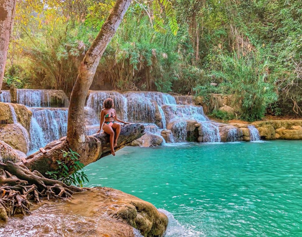 Black Expat near waterfall in Vietnam