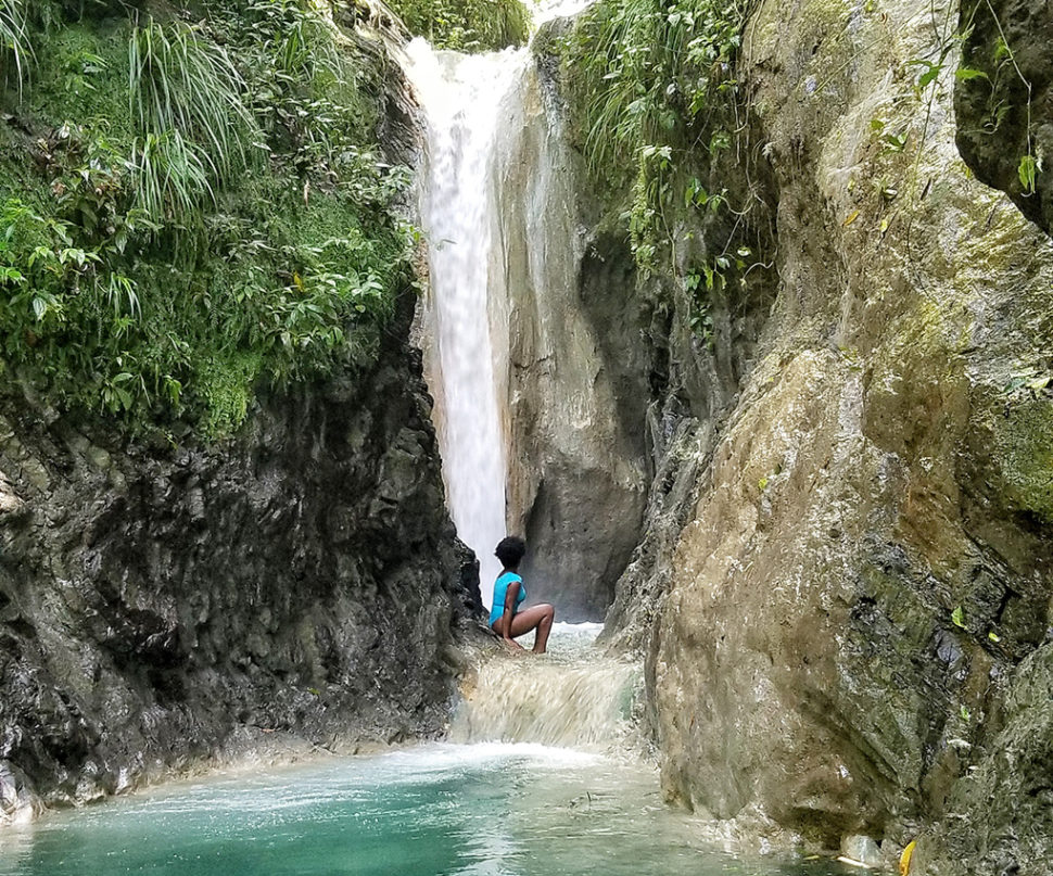 Doreen at waterfall in Jamaica.
