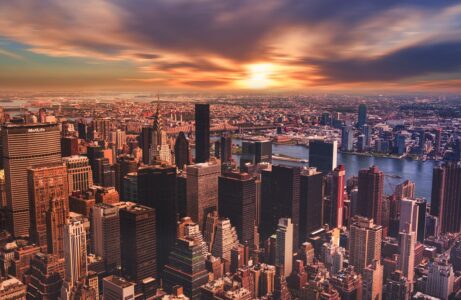 aerial view of New York City during sunrise