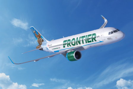 frontier airlines plane in the air