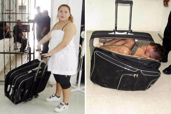 woman transporting luggage of man inside