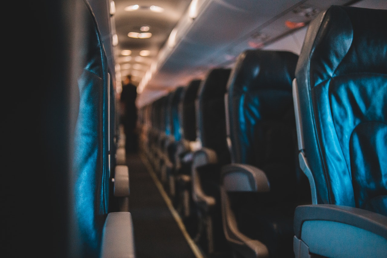 plane interior with black seating