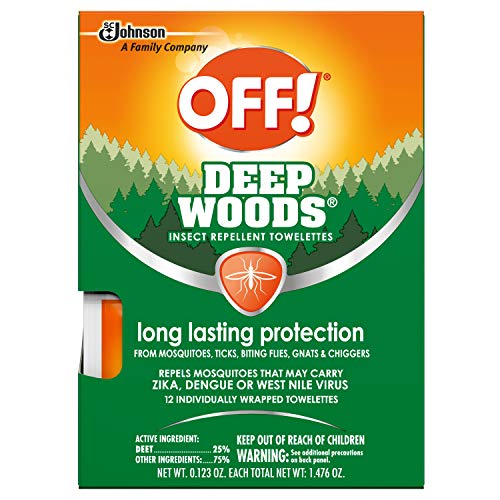 OFF! Deep Woods Insect Towelettes, Long Lasting Protection from Mosquitoes, Ticks, Biting Flies, Gnats & Chiggers, 12 Wrapped Towelettes/Pack (Pack of 3)