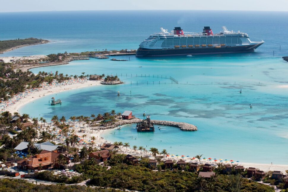 aerial view of Disney's private island Castaway Cay with shipped docked near land