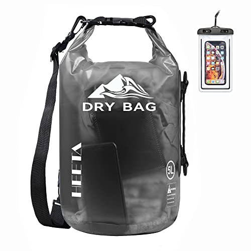 HEETA Waterproof Dry Bag for Women Men, Roll Top Lightweight Dry Storage Bag Backpack with Phone Case for Travel, Swimming, Boating, Kayaking, Camping and Beach, Transparent Black 10L