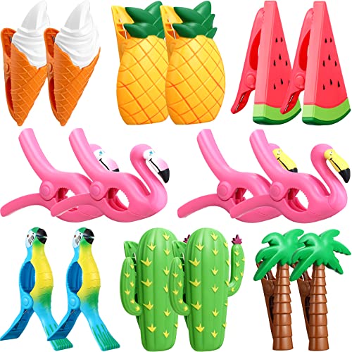 16 Pcs Beach Towel Clips Portable Chair Holders Bright Color Towel Clips Plastic Cute Clothes Pins Parrot Watermelon Flamingo Ice Cream Pineapple Cactus Coconut Trees for Holiday Pool Patio, 8 Styles