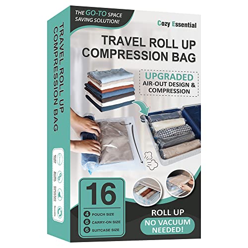16 Travel Compression Bags Vacuum Packing, Roll Up Travel Space Saver Bags for Luggage, Cruise Ship Essentials (6 Large Roll/6 Medium Roll/4 Small Roll)
