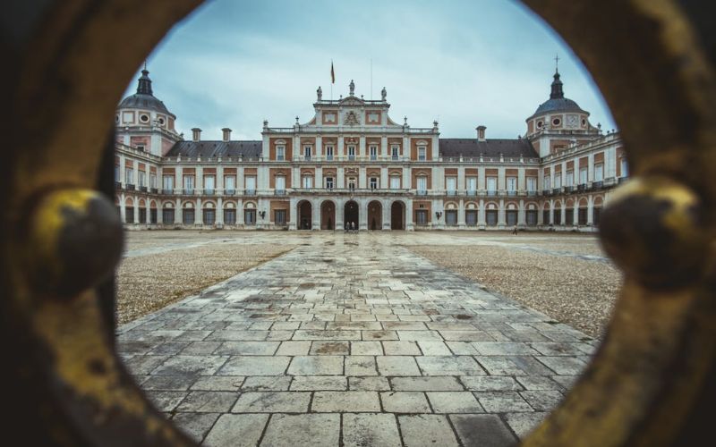 peephole view of the Royal Palace of Aranjuez in Madrid, Spain