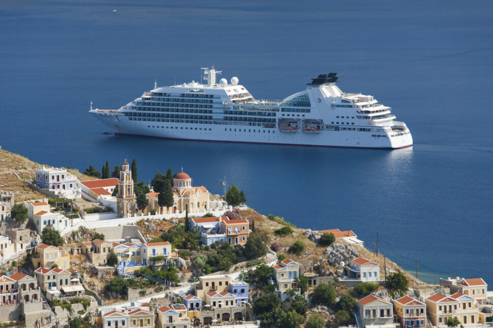 Cruise ship in the bay, Gialos, Symi, Greece
