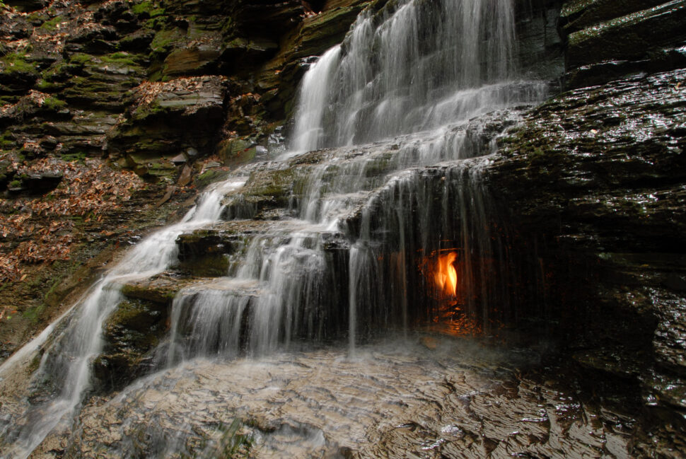 Eternal Flame Falls in Chestnut Ridge County Park near North Boston, New York. This waterfall is known for the fact that a fire can be lit behind it, thanks to the natural gas spring in the shale.