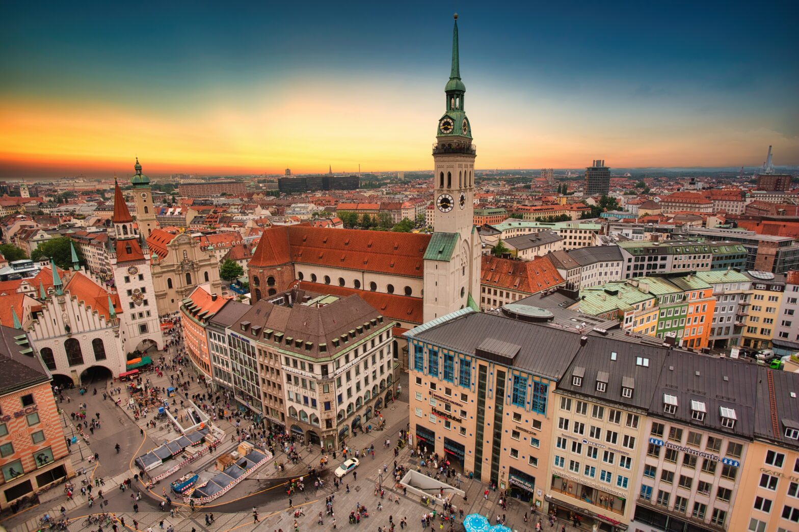 evening sunset over town square in Munich Germany