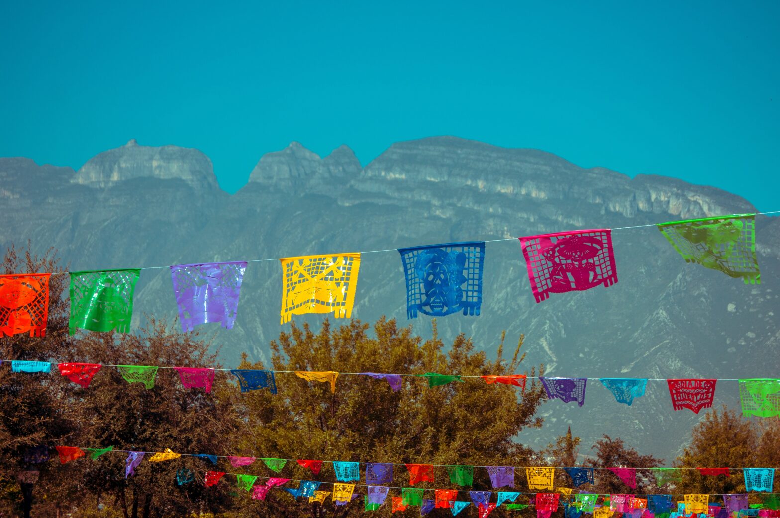 Mexico landscape with colorful flags