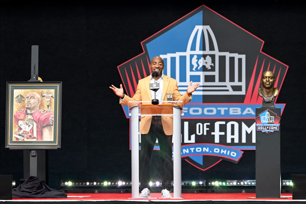 CANTON, OHIO - AUGUST 05: Ronde Barber speaks during the 2023 Pro Football Hall of Fame Enshrinement Ceremony at Tom Benson Hall Of Fame Stadium on August 05, 2023 in Canton, Ohio. (Photo by Nick Cammett/Getty Images)