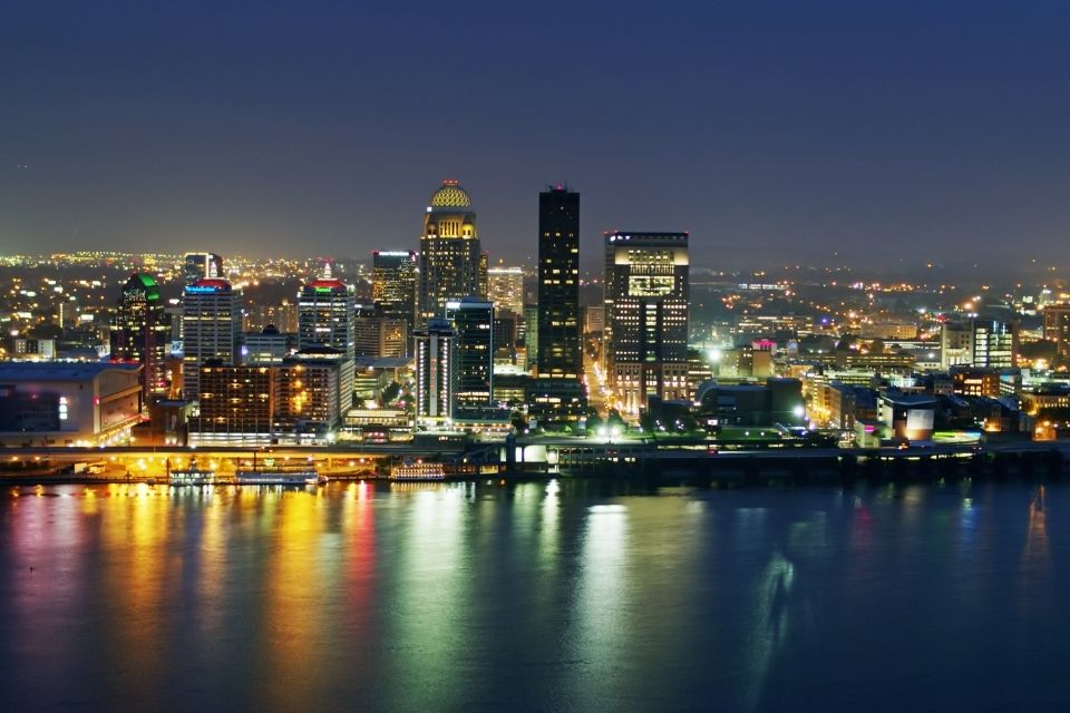 Louisville at Night Reflecting in Ohio River