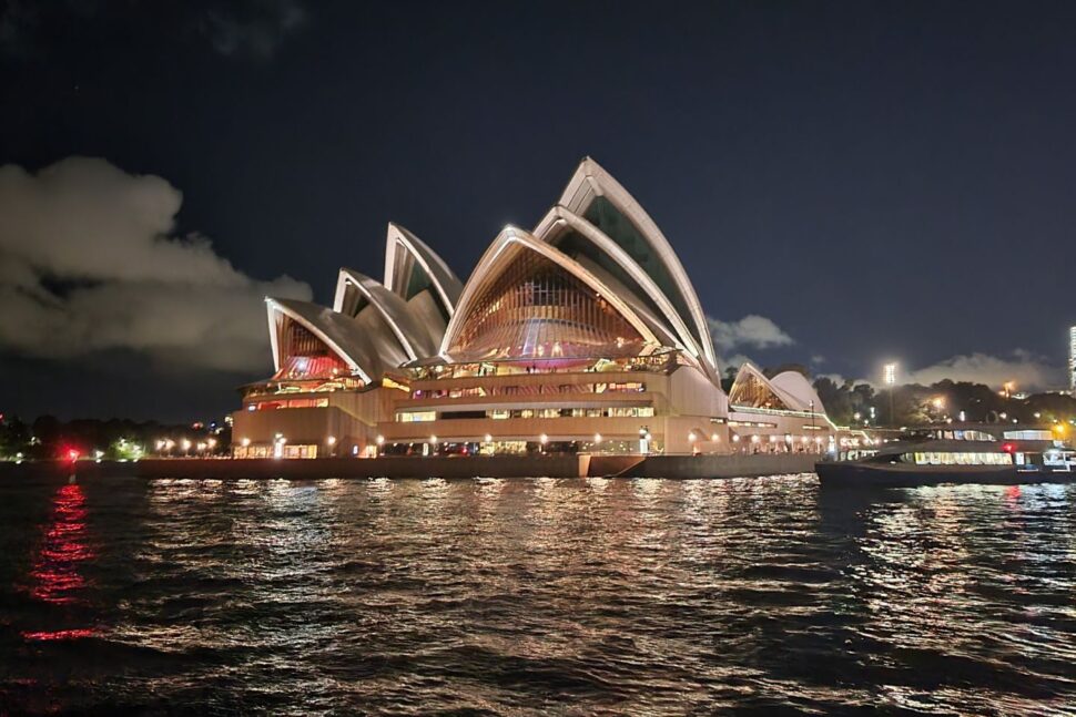 Sydney Opera House waterfront view at night