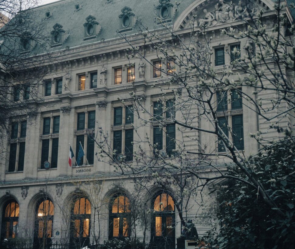 Sorbonne University is a historic college at the heart of the 5th arrondissement (in the latin quarter). 
pictured: Sorbonne University building on a cloudy fall day