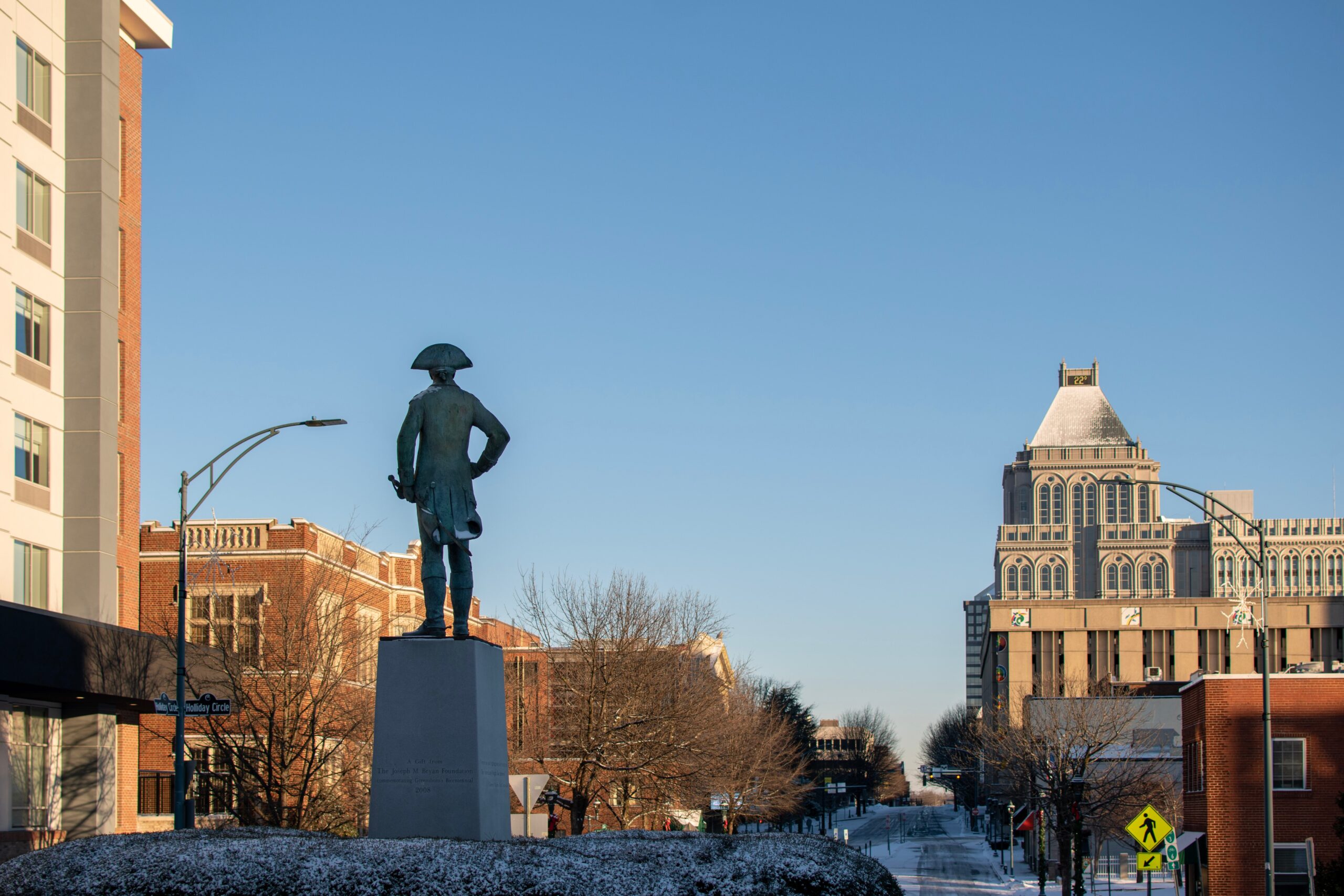 North Carolina has historically significant things to do and see. Check out the two mist popular sites in the city. 
Pictured: Nathanael Green (Revolutionary War hero) statue in downtown Greensboro, North Carolina during the winter 