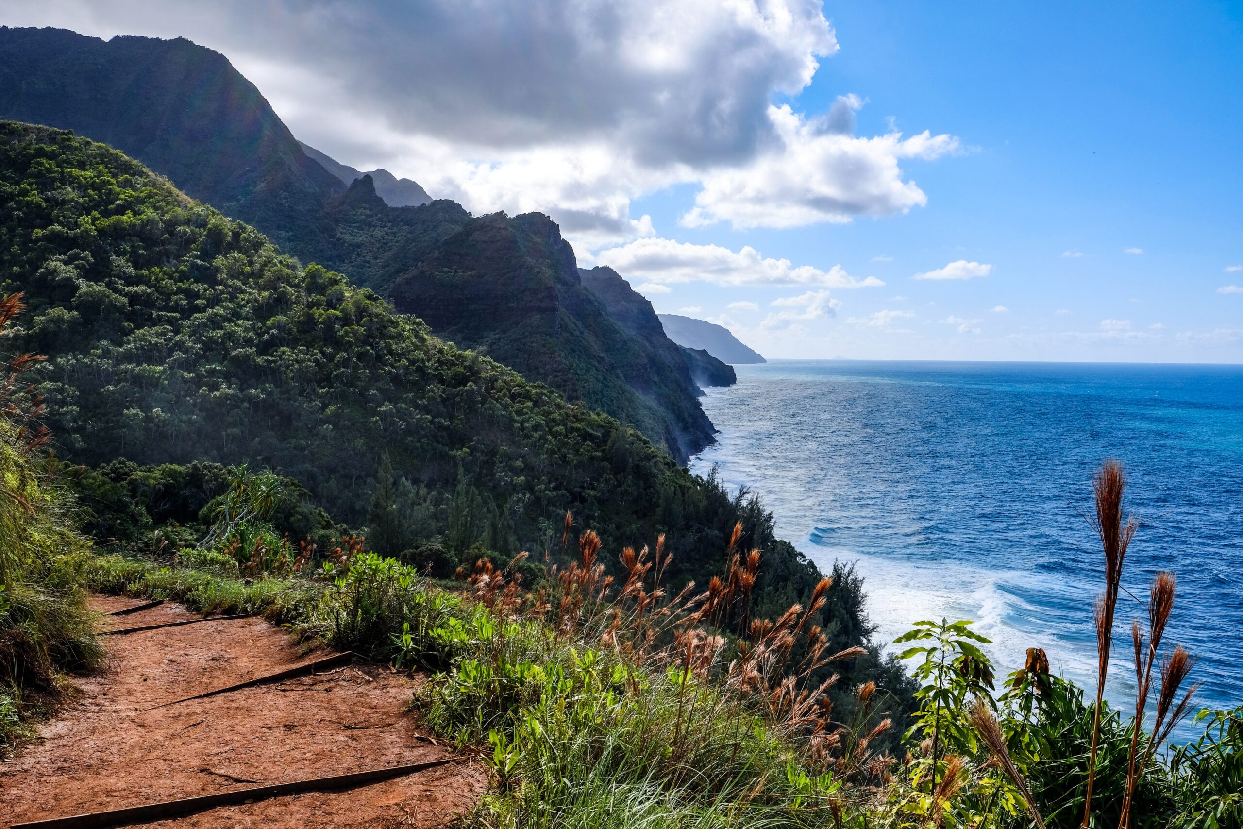 Kauai, Hawaii is a more private island for travelers to explore. 
Pictured: a lush green mountainside with clear blue waters.