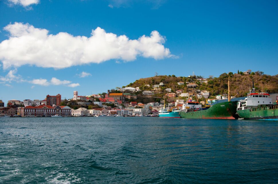 A wide shot from the ocean of St. George, Grenada.