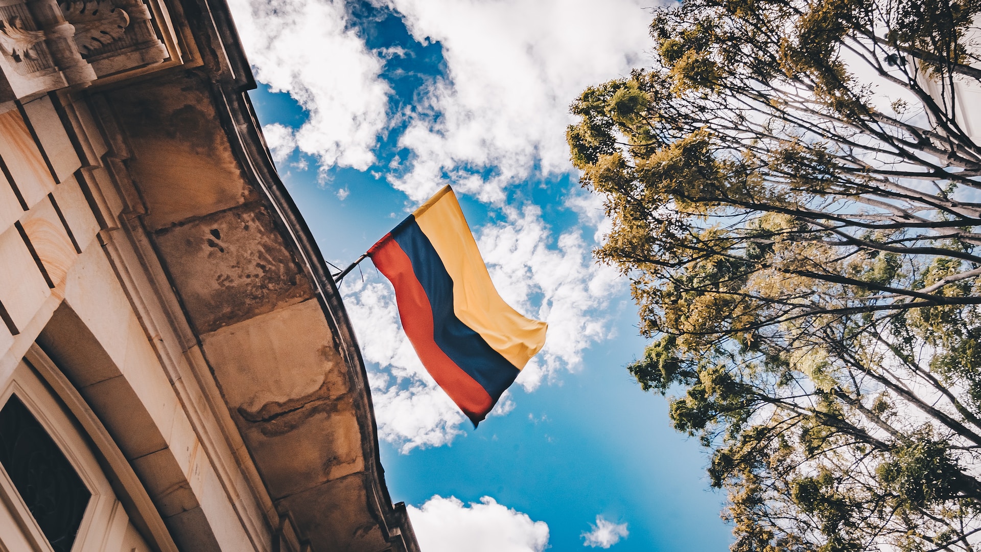 The Colombian flag on a building