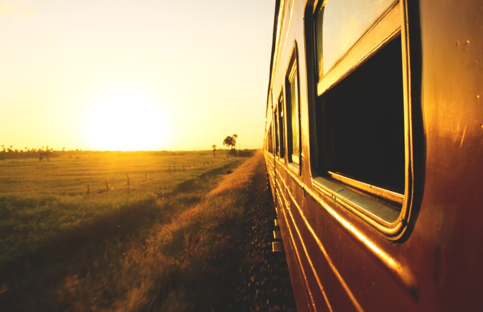 train travel during sunset