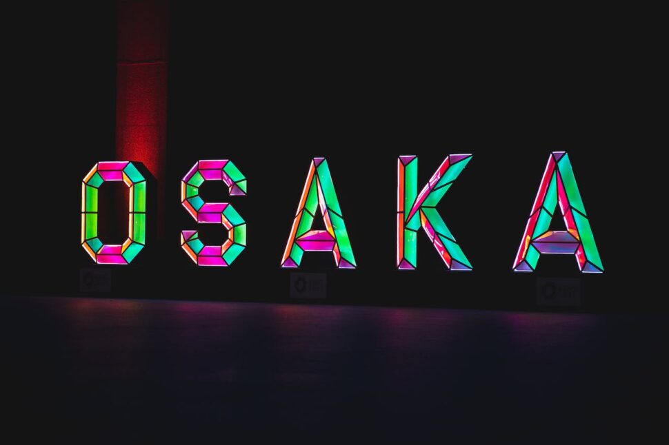 A neon sign of the word Osaka. 