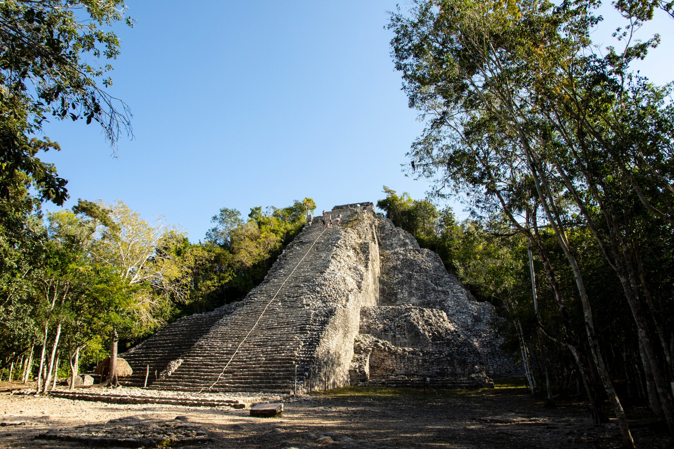 Ixmoja Pyramid in the Cobá ruins is climbable site. 
pictured: The Ixmoja Pyramid with a tethered rope descending the steps to help climbing tourists 
