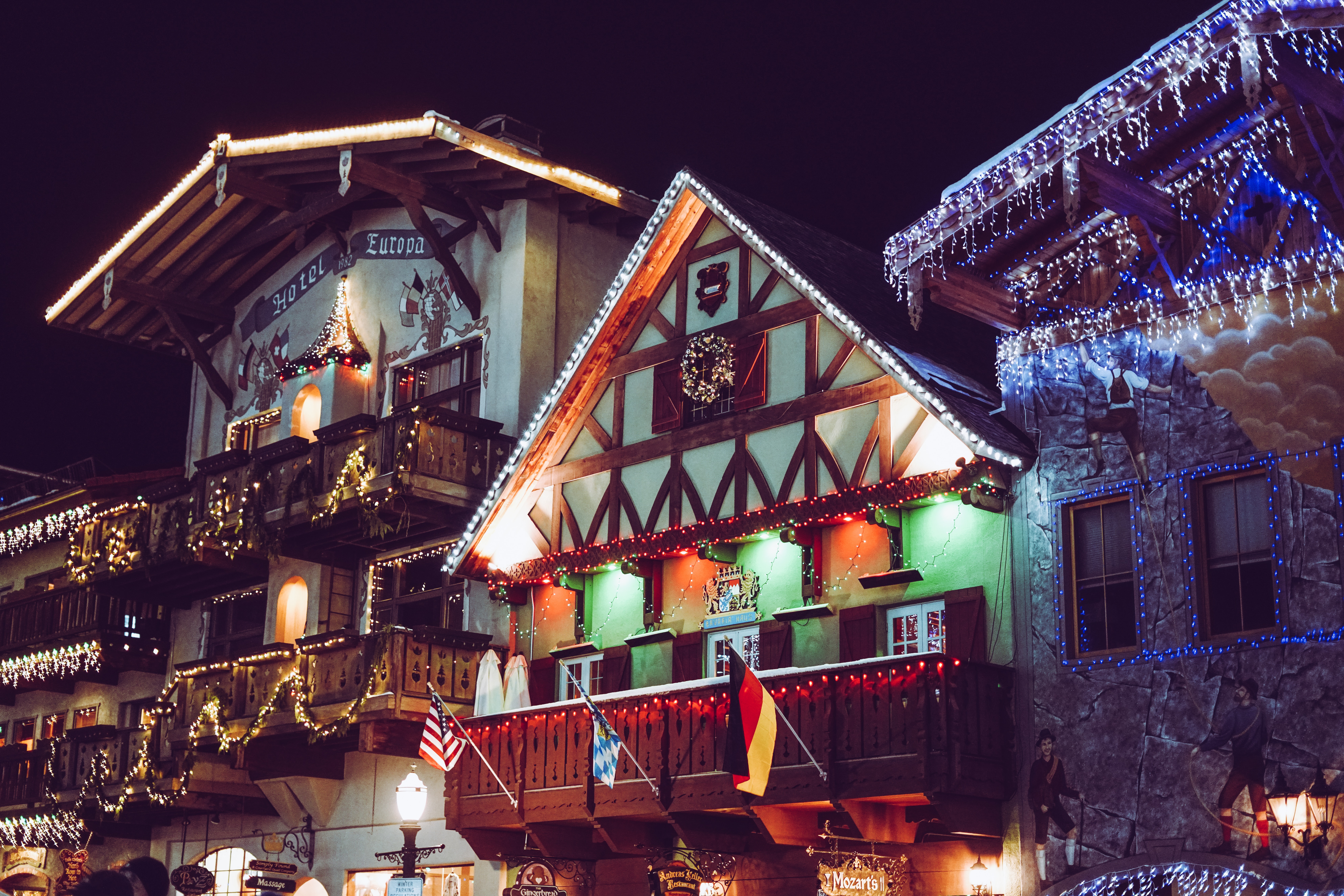 Leavenworth is very exciting town during the holiday season. Check out these festive events and activities. 
pictured: the buildings of Leavenworth all lit up with Christmas lights and decor