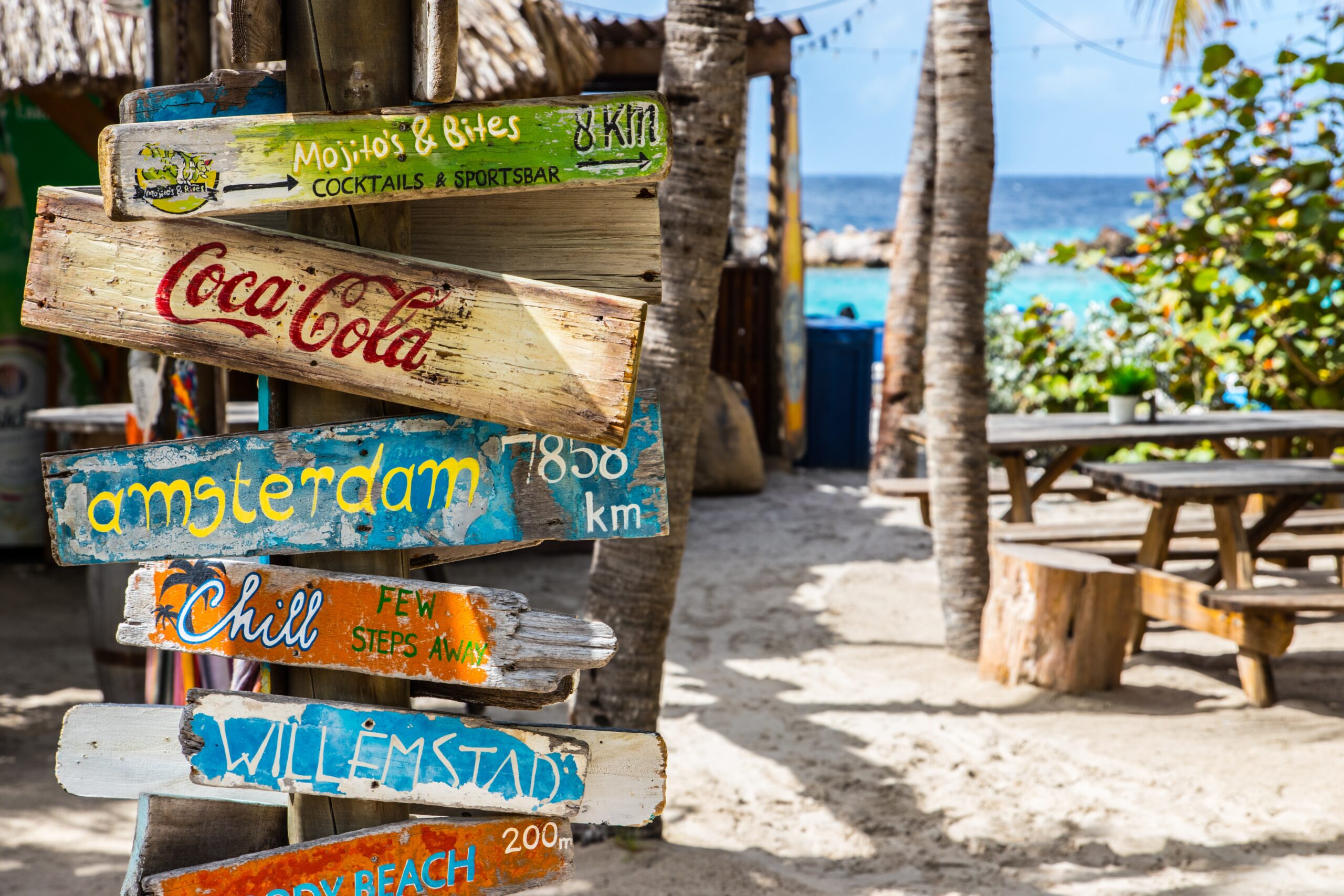 Safety is a concern for man tourists considering a visit to Curaçao, Check out all the safety information that is needed before making travel plans.
pictured: a wooden beach directory in Curaçao that informs visitors where to go  