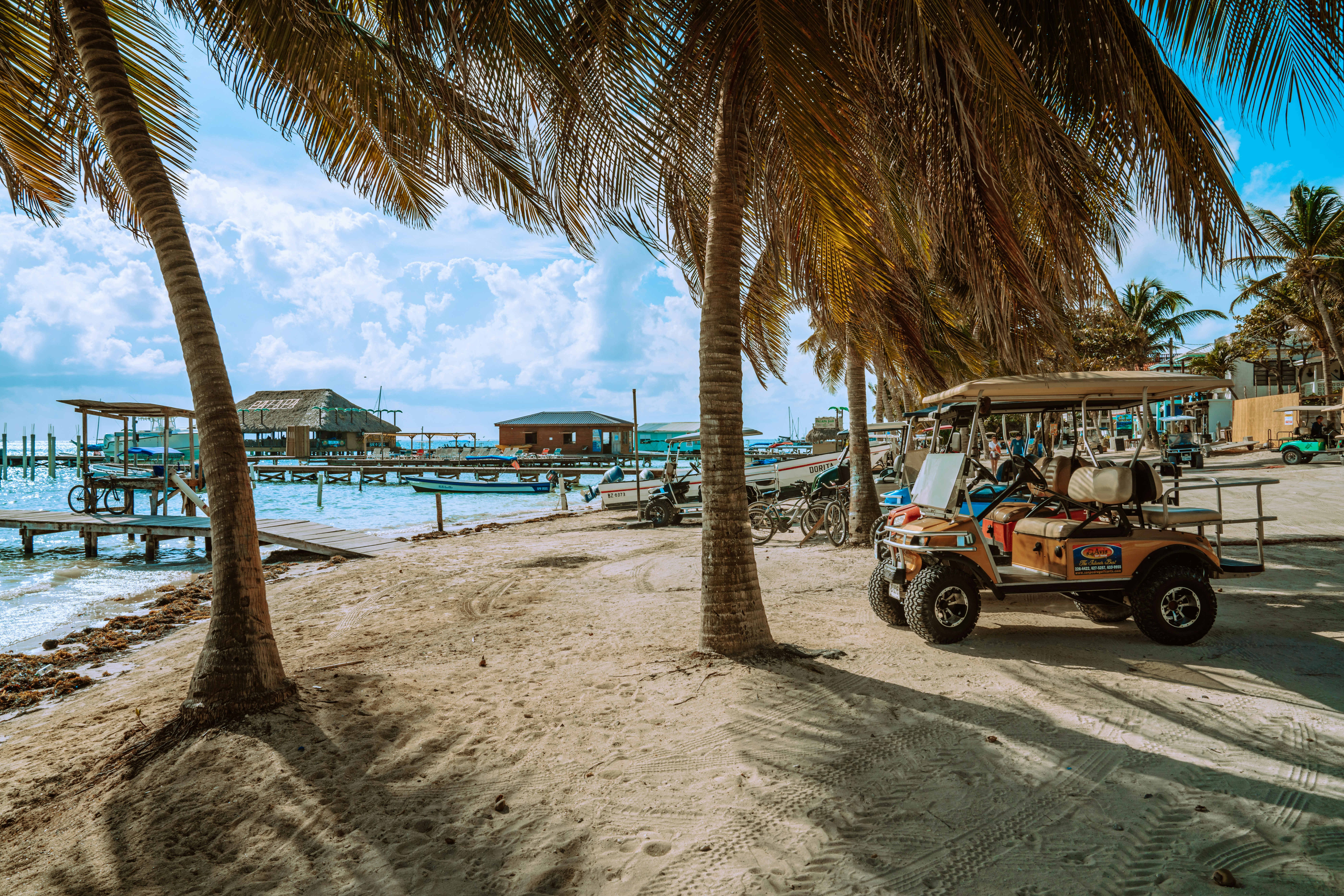 These travel advisories are the best resources for tourists wanting to visit Belize. 
pictured: the stunning beach of Belize surrounded by palm trees and the vehicles of visitors