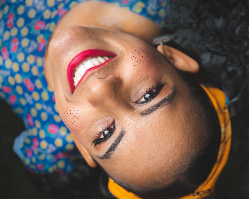 Woman upside down and smiling