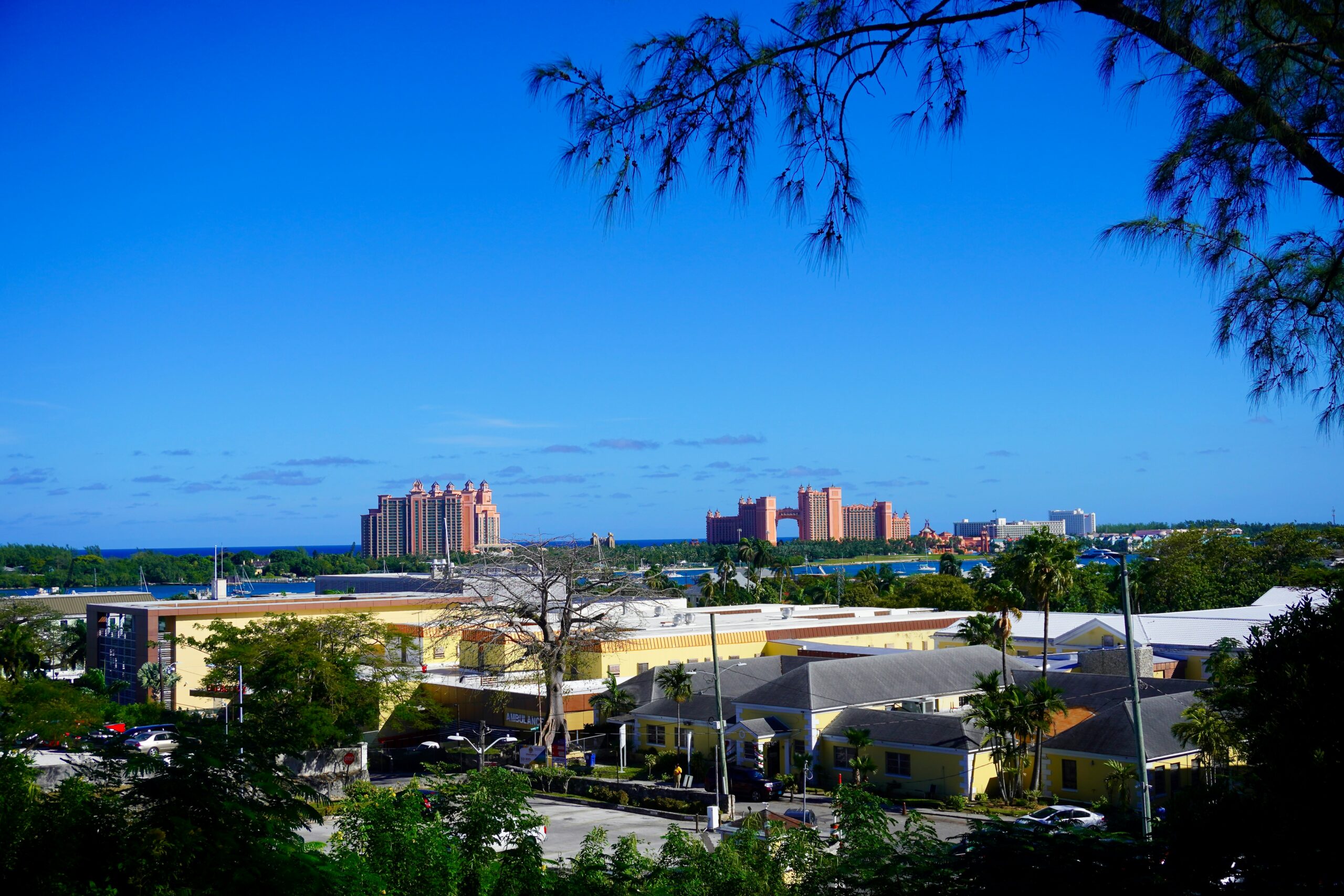 The Nassau Cruise Port is a popular place to stop during a relaxing trip. 
Pictured: a distant view of the resorts in Nassau Bahamas 