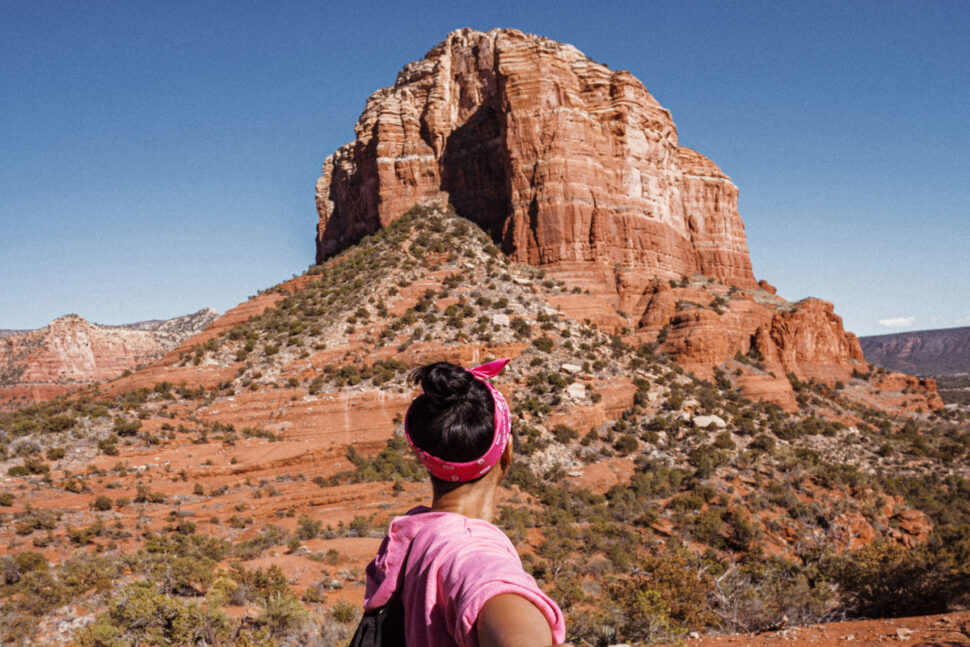 best hikes in sedona az 
Pictured: Woman on a mountain in Sedona, Arizona