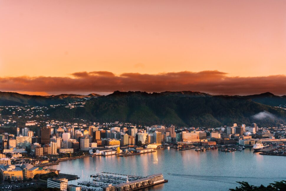 evening sunset view on the mountainside of the city of Wellington, New Zealand