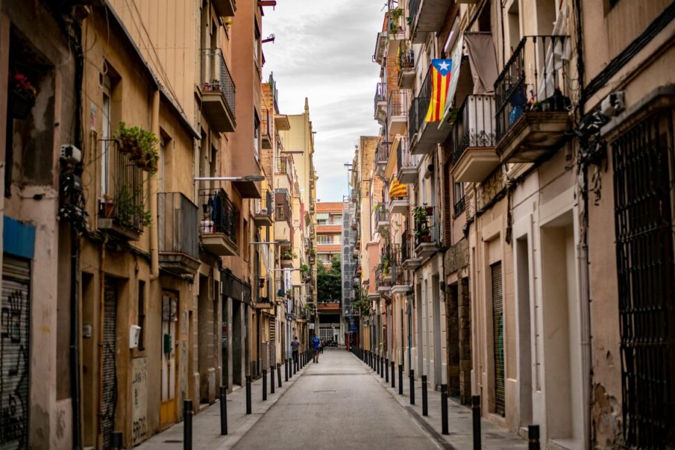 empty narrow street in Gothic Quarter of Barcelona, Spain