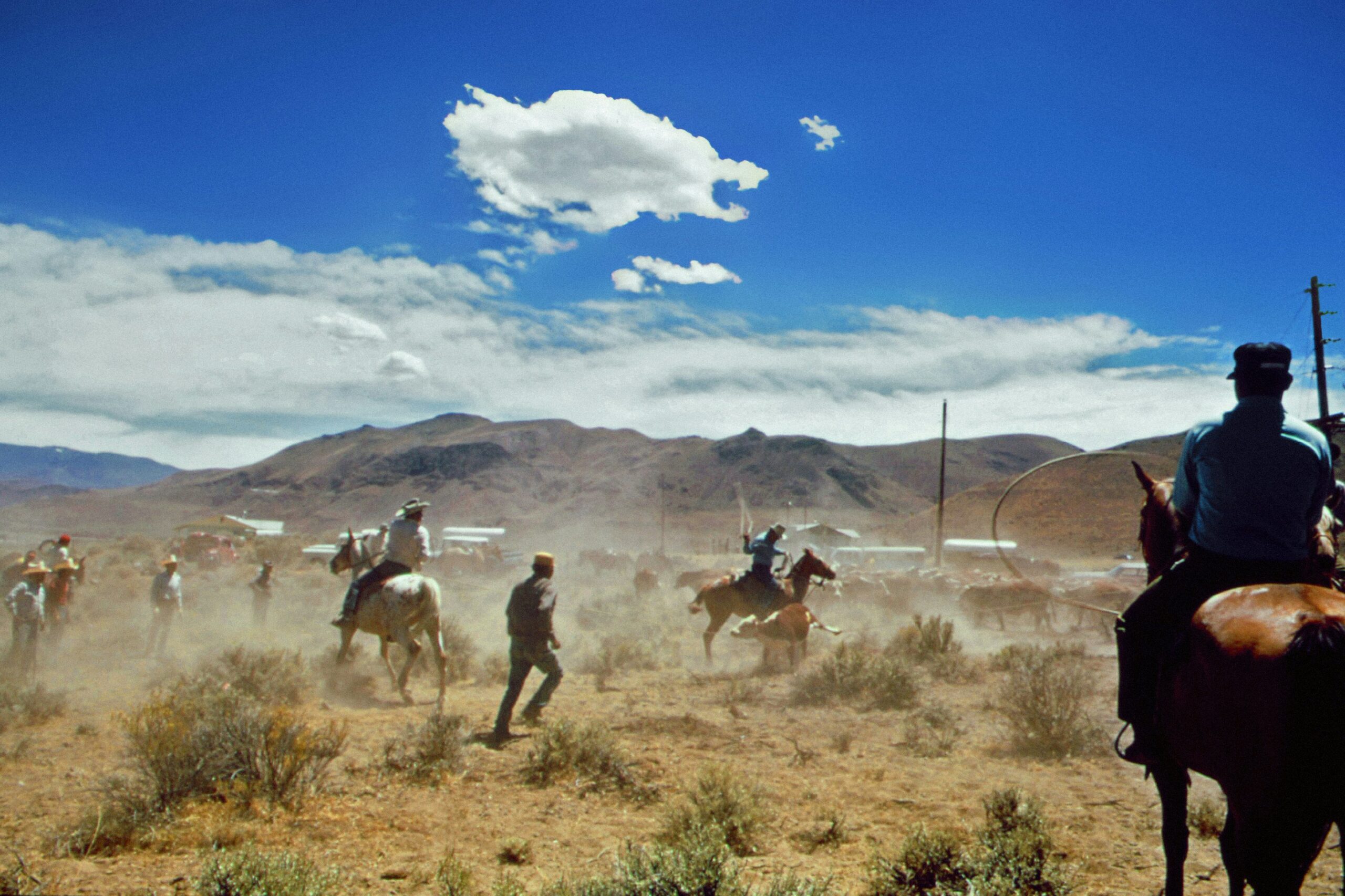 This lakeside location is a filming spot of a western movie featuring Clint Eastwood.
Pictured: cowboys seemingly charging around on horses on a bright blue day
