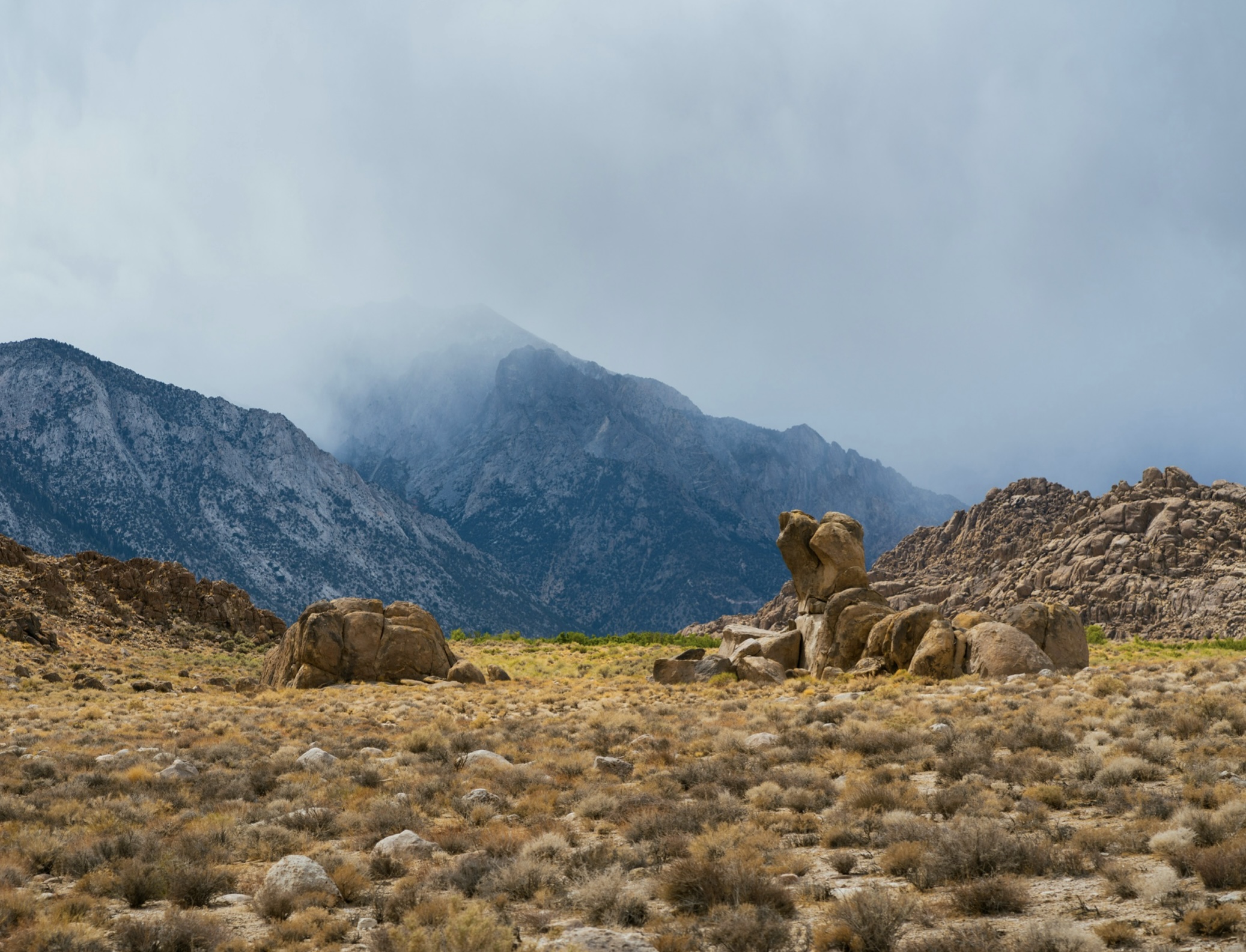 The Sierra Nevada Mountains in California are a film location for the movie “High Plains Drifter”.
Pictured: the grand mountains of Sierra Nevada with s light fog in the air