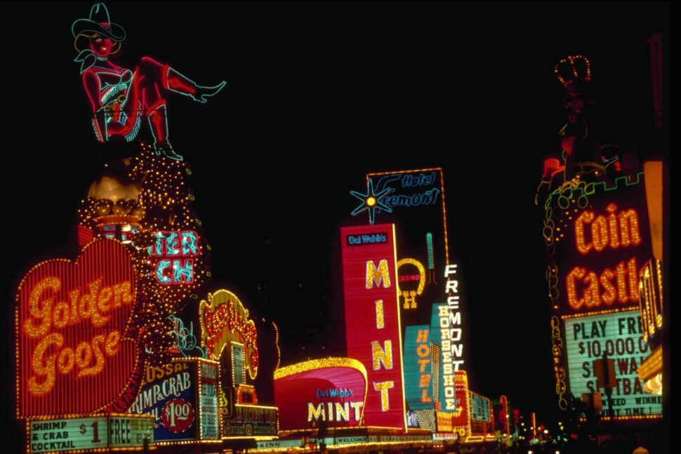 neon lit signs along the Las Vegas strip