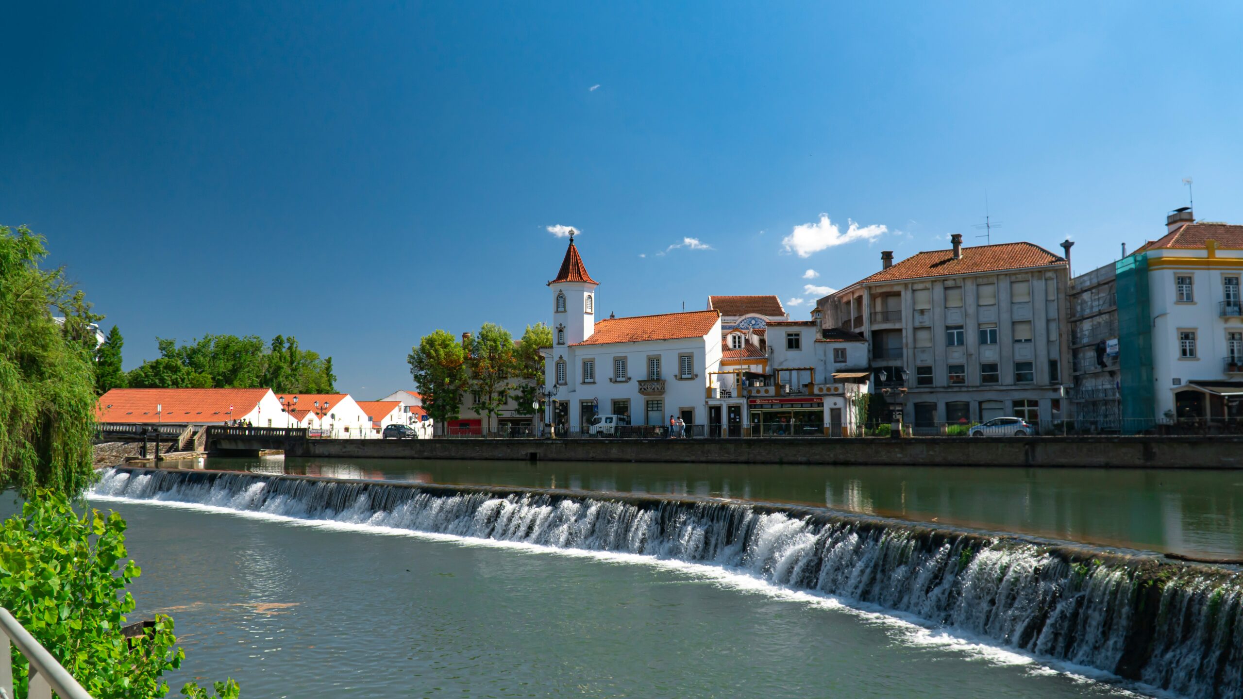 Tomar, Portugal is a filming location for the film "Damsel" that added authentic touches. 
pictured: a rushing water feature outside of the town Tomar, Portugal