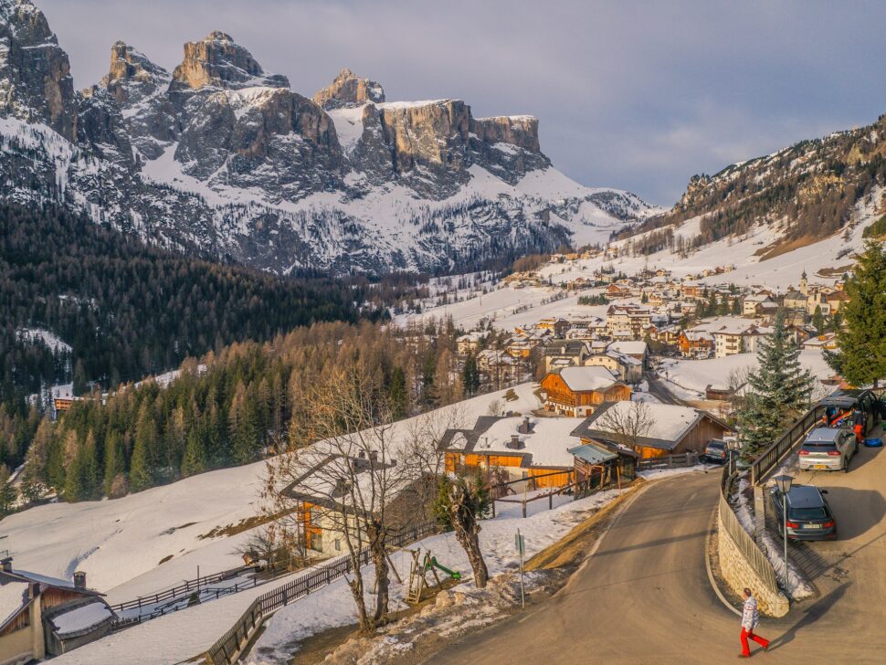 Views of the Dolomites and the town of Colfosco in Alta Badia
