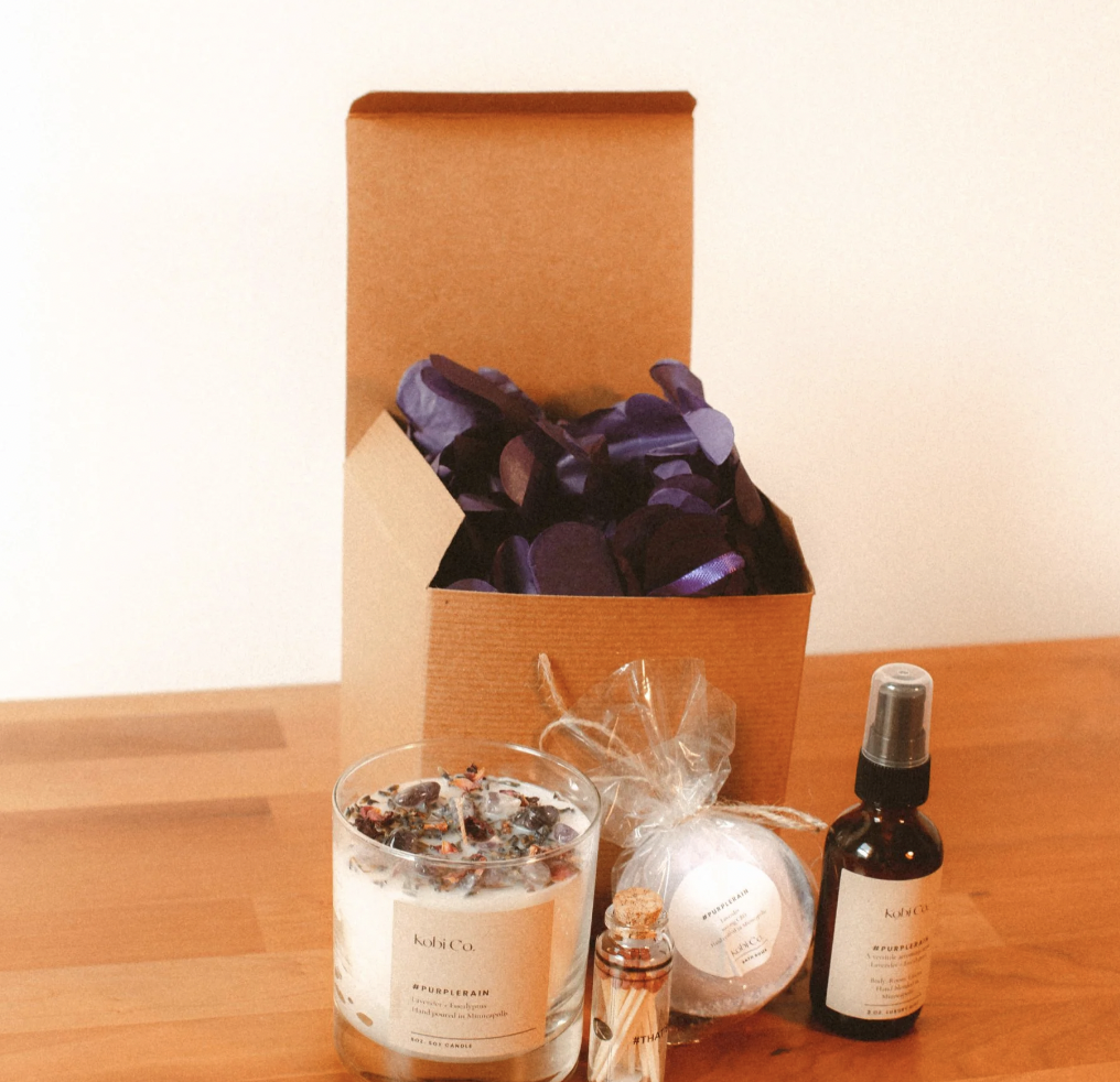 Kobi Co. Purple Reign Gift Set with Candle, Bath Bomb, and Aroma Spray