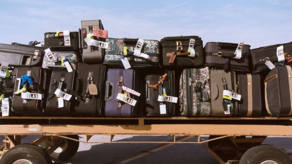 pile of suitcases on a luggage cart outside during the day