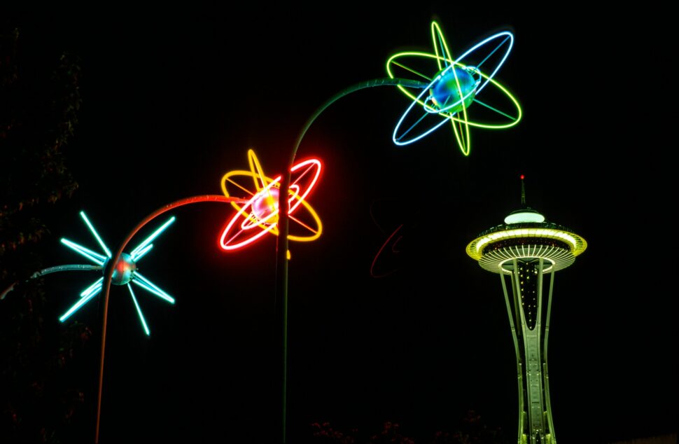 Space needle and cool neon futuristic lights