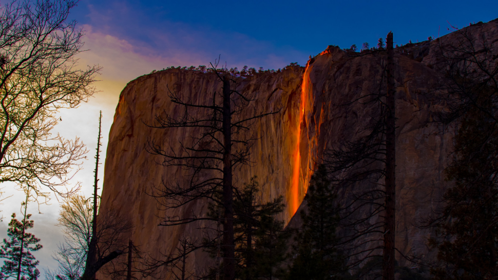 Night view of the Horsetail Fall located in Yosemite National Park