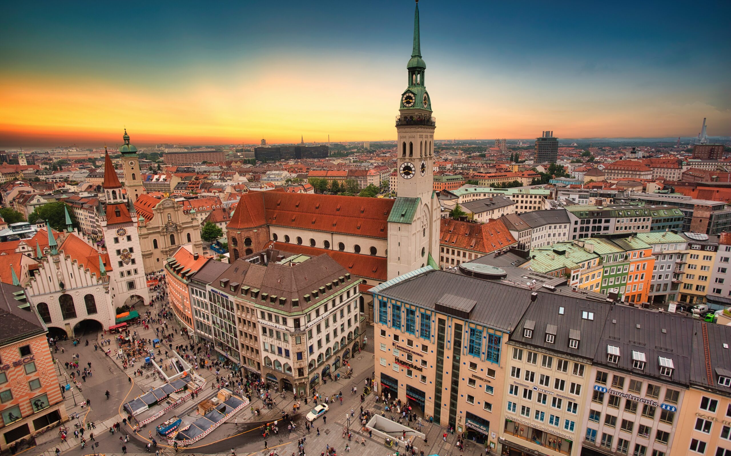 Pictured:  evening sunset over town square in Munich Germany